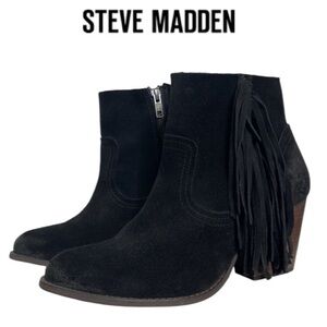 STEVE MADDEN FAULKNER BLACK SUEDE WESTERN FRINGED HEELED ANKLE BOOTS **NWOT**